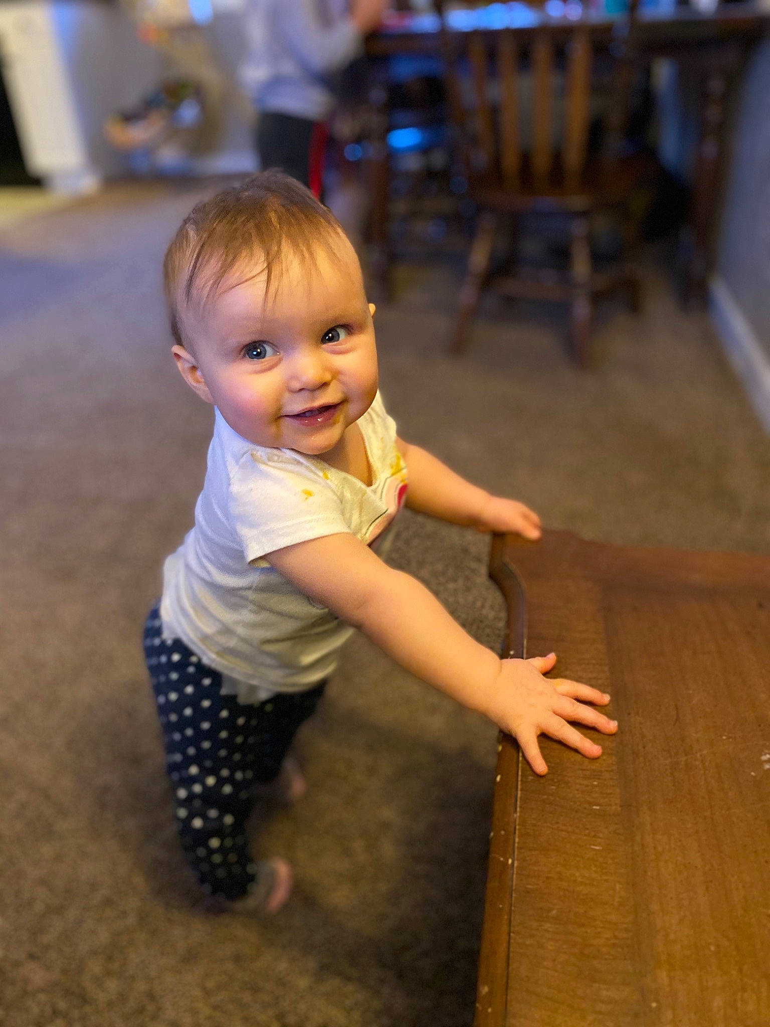Emmerson joined the competition — help win amazing prizes! baby, child, floor, flooring, fun, leg, person, play, sitting, skin, smile, standing, toddler, vacation, wood