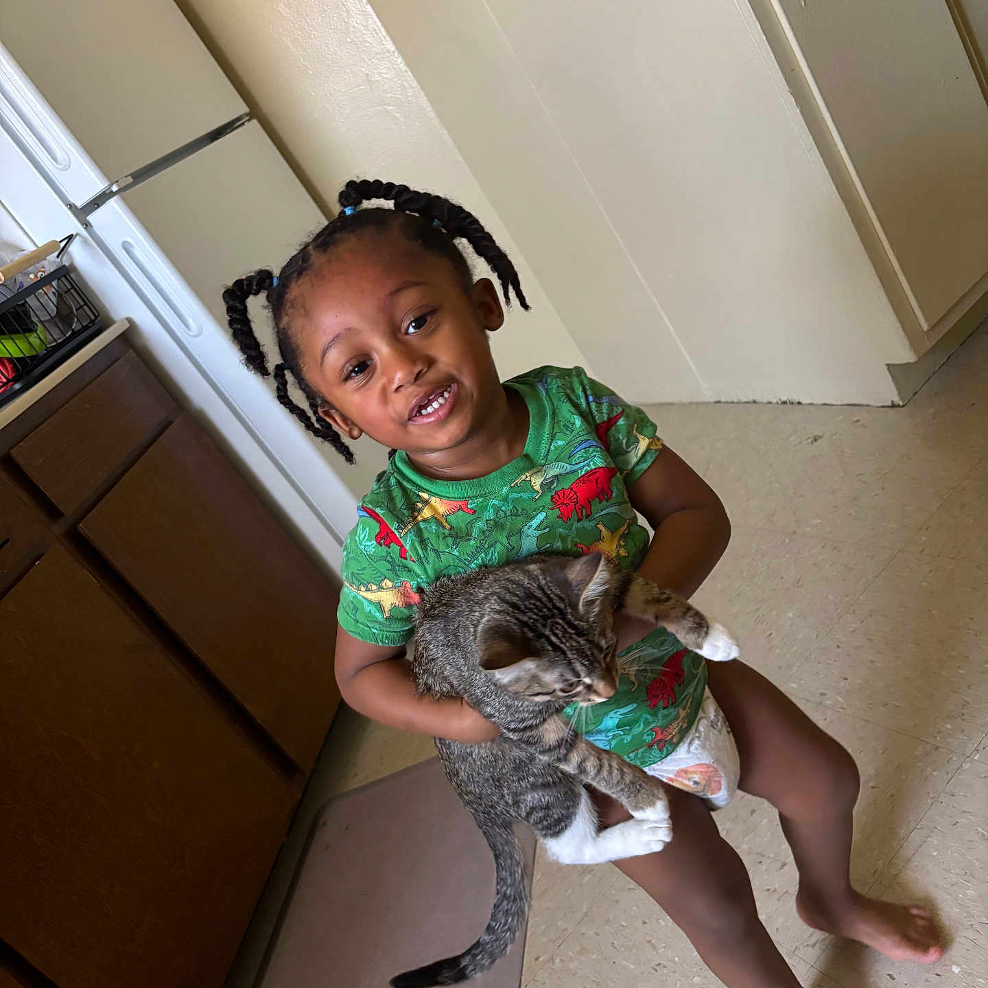 Jhacari joined the competition — help win amazing prizes! barefoot, braids, cabinet, cat, child, curious_cat, cute, diaper, dinosaur_shirt, happy, holding, home, indoor, kitchen, person, pet, refrigerator, smiling, tile_floor, toddler
