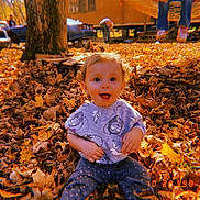 Bonnie joined the competition — help win amazing prizes! baby, child, toddler, autumn, leaves, outdoor, park, sitting, smiling, surprised, portrait, face, eyes, clothing, shirt, pants, tree, nature, parked_cars, vintage_filter