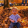 baby, child, toddler, autumn, leaves, outdoor, park, sitting, smiling, surprised, portrait, face, eyes, clothing, shirt, pants, tree, nature, parked_cars, vintage_filter