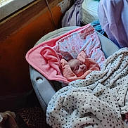 Luna is registered to the contest to win money with this photo: baby, blanket, chair, child, clothing, cozy, cushion, face, indoor, light, orange, pattern, person, pink, rest, room, sleeping, soft, white, window