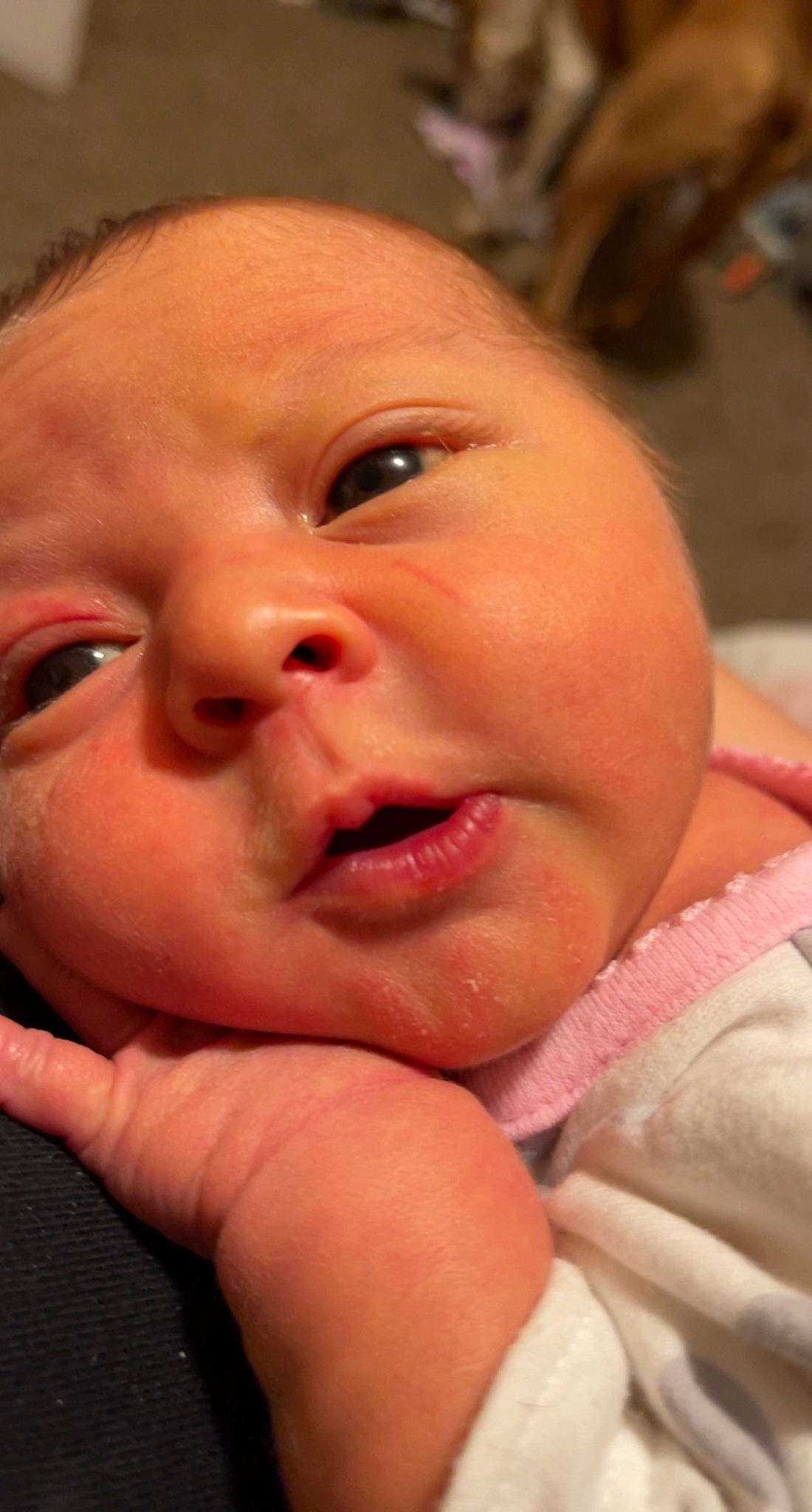 Avah is registered to the contest to win money with this photo: baby, cheek, chin, ear, eyebrow, eyelash, facial_expression, finger, forehead, fun, gesture, happy, iris, lip, mouth, nose, person, skin, smile, thumb