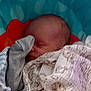 baby, blanket, blue, child, cozy, cute, face, head, indoors, infant, newborn, pattern, peaceful, red, resting, seat, sleeping, soft, wrapped, young