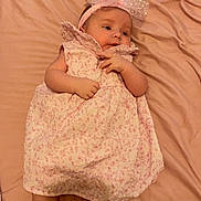 Bonnie joined the competition — help win amazing prizes! adorable, baby, bed, blanket, child, clothing, cute, fabric, headband, infant, lying_down, newborn, pastel_colors, person, pink_dress, portrait, sleepwear, socks, soft_lighting, young_child