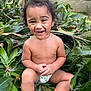 toddler, child, smiling, happy, outdoor, nature, greenery, leaves, bare_chest, diaper, sitting, cute, playful, young_child, portrait, sunlight, feet, hair, skin, baby