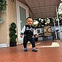 child, toddler, walking, porch, porch_floor, jacket, sneakers, shoes, plant, chair, table, railing, outdoor, tree, house, door, window, expression, standing, patio