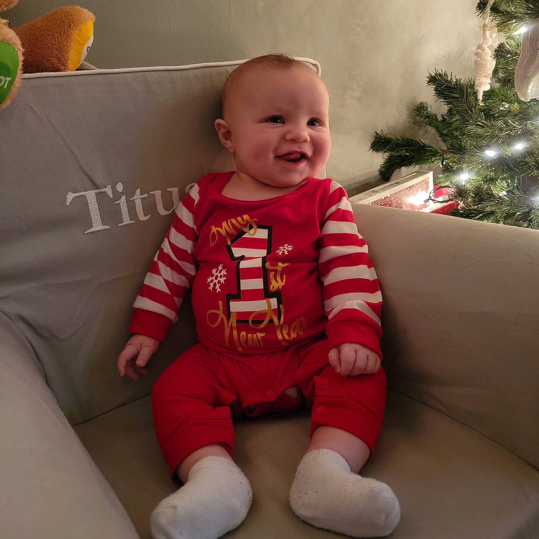 Titus is registered to the contest to win money with this photo: baby, baby_toddler_clothing, beauty, child, christmas_decoration, christmas_ornament, christmas_tree, comfort, eye, face, facial_expression, flooring, fun, happy, head, human_body, person, skin, sleeve, smile