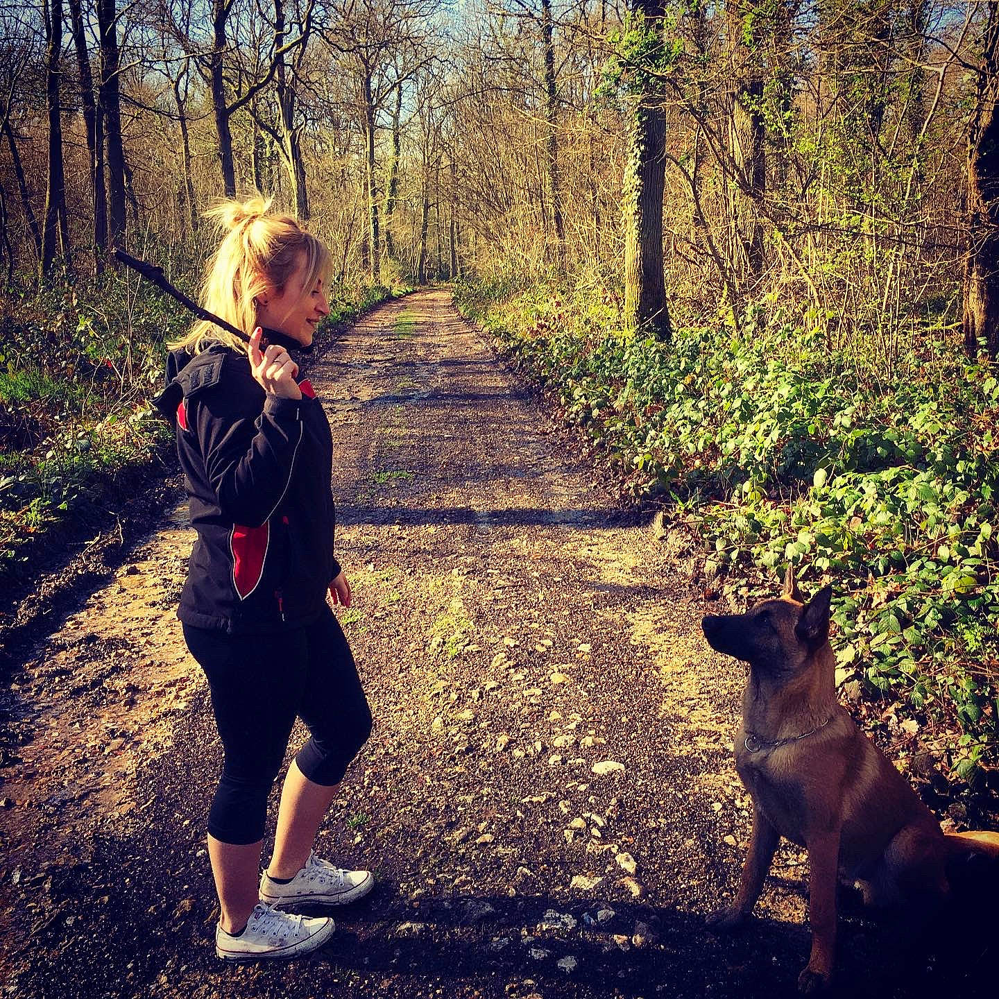 Ralf participe au concours pour gagner de l'argent avec cette photo : adventure, canidae, dog_walking, fawn, forest, human, leaf, morning, natural_environment, people_in_nature, photography, recreation, sky, spring, sunlight, trail, tree, walking, wilderness, woodland