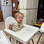 Ryland joined the competition — help win amazing prizes! toddler, high_chair, messy, food, kitchen, refrigerator, snacks, cereal_box, magnet, cabinet, floor, child, clothing, table, plastic, curly_hair, expression, indoor, person, foot