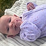 baby, infant, face, hand, blanket, purple_clothing, onesie, outdoors, grass, skin, head, sleepwear, cute, newborn, portrait, lying_down, soft_texture, peaceful, young_child, natural_light