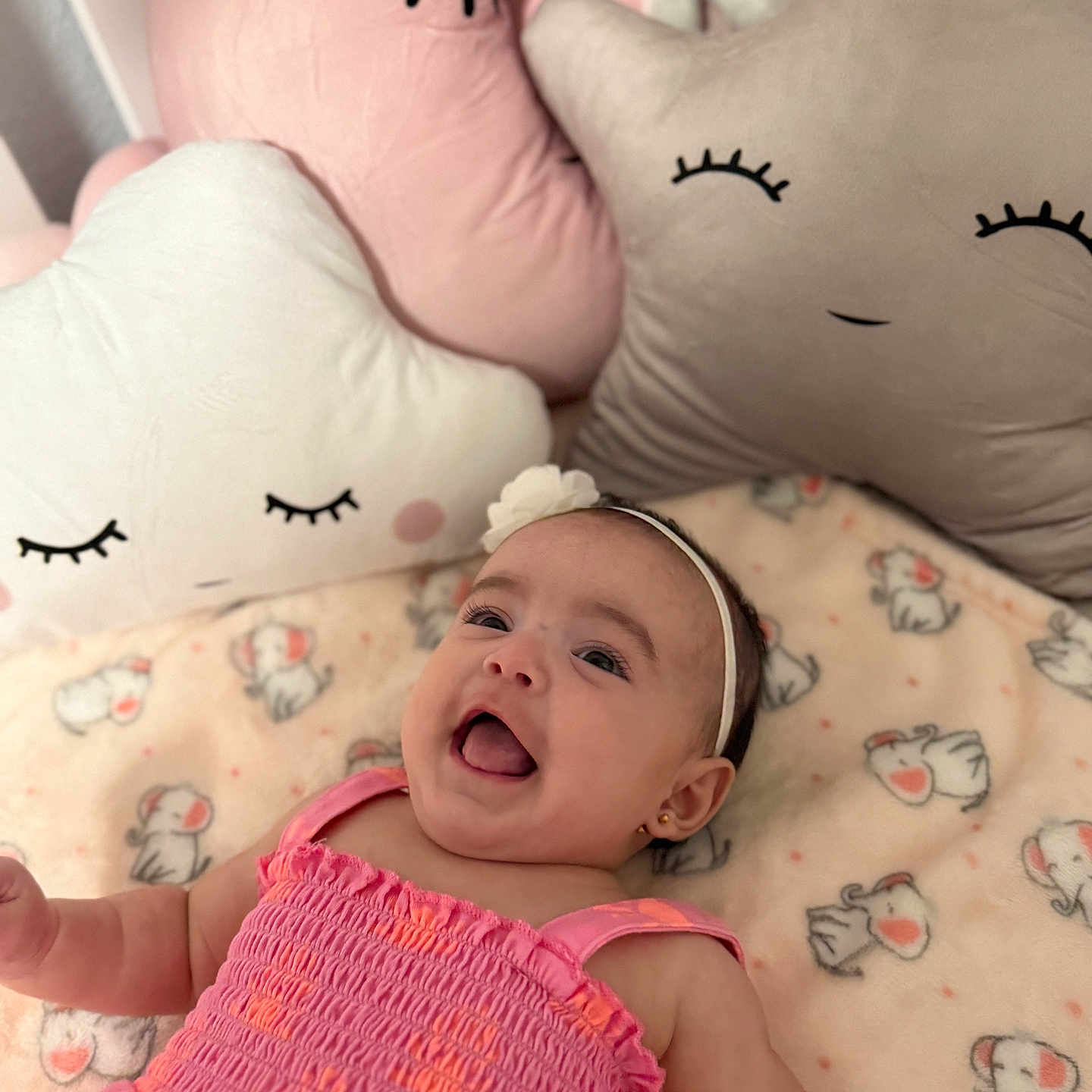 Valentina joined the competition — help win amazing prizes! baby, bedroom, blanket, child, cloud_pillow, cute, elephant_print, happy, headband, indoors, infant, moon_pillow, nursery, pink_dress, plush_pillow, sleepy_face, smiling, soft_toys, star_pillow, toddler