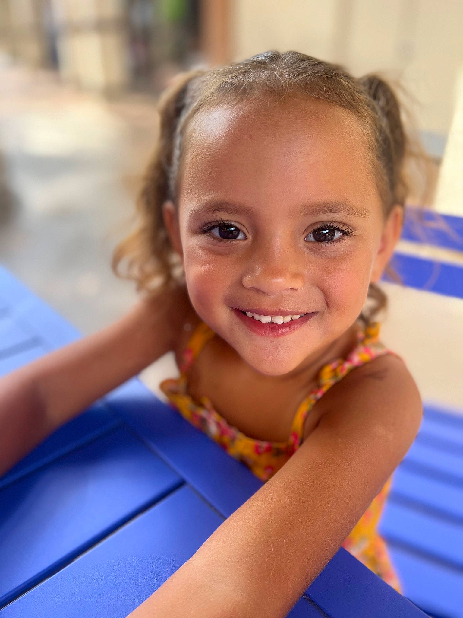 Hina-leiah is registered to the contest to win money with this photo: arm, athlete, blond, blue, chest, child, chin, electric_blue, eye, fun, happy, iris, joy, leisure, neck, person, recreation, sitting, skin, smile