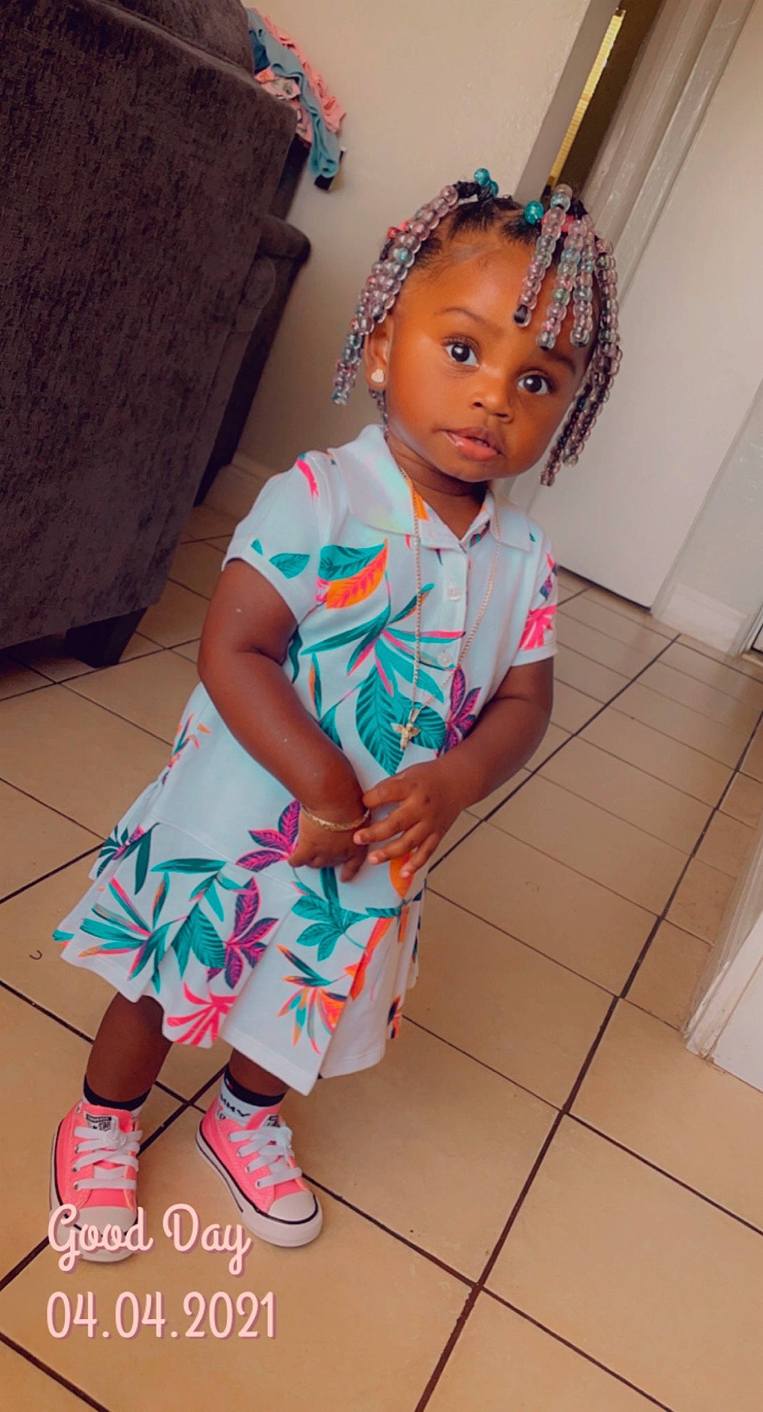 Marleena Morgan joined the competition — help win amazing prizes! baby_toddler_clothing, beauty, black_hair, blue, child, day_dress, dress, fashion_design, flooring, fun, happy, jewellery, leg, magenta, pattern, person, pink, sandal, skin, sock
