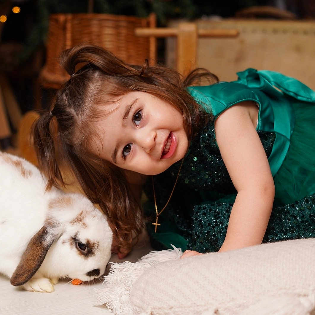 Romy a rejoint le concours — aidez-le/la à gagner de superbes lots ! animal, brown_hair, carrot, child, cute, decor, floor, furry, girl, green_dress, happy, indoor, pale_skin, pet, pillow, playful, portrait, rabbit, smiling, young