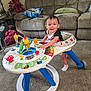toddler, child, walker, toy, smile, living_room, carpet, couch, pillow, table, lamp, remote_control, colorful, playful, happy, indoor, person, footwear, baby, furniture