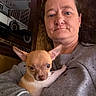adult, animal, chihuahua, closeup, dog, ears, face, gray_sweater, indoors, pet, portrait, puppy, retro_poster, selfie, sitting, small_dog, soft_lighting, two_faces, woman, 抱狗