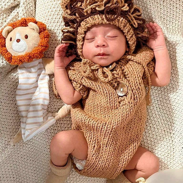 Evans Ferrer joined the competition — help win amazing prizes! baby, sleeping, knitted_clothing, lion_costume, plush_toy, balloons, blanket, infant, cute, cozy, soft_toys, child, newborn, resting, warm, portrait, headwear, sock, peaceful, indoors