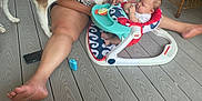 Ember is registered to the contest to win money with this photo: baby, walker, dog, person, porch, floor, curly_hair, casual, summer, relaxed, outdoor, pet, family, barefoot, wooden_floor, sitting, toy, greenery, window, furniture