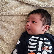 Aiden is registered to the contest to win money with this photo: baby, infant, face, person, clothing, costume, halloween, skeleton, pumpkin, ghost, black_clothing, blanket, soft_texture, lying_down, cute, child, young, indoors, portrait, head