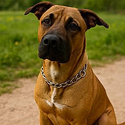 Vulco participe au concours pour gagner de l'argent avec cette photo : dog, canine, pet, outdoor, animal, brown, collar, chain, sitting, portrait, nature, greenery, path, ears, fur, muzzle, eyes, loyal, alert, daytime