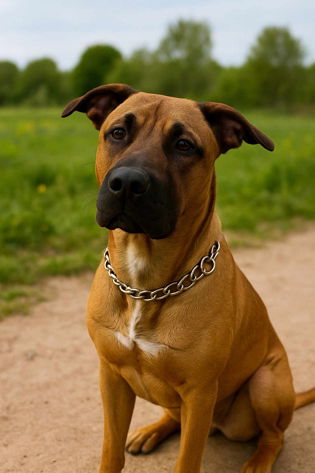 Vulco participe au concours pour gagner de l'argent avec cette photo : dog, canine, pet, outdoor, animal, brown, collar, chain, sitting, portrait, nature, greenery, path, ears, fur, muzzle, eyes, loyal, alert, daytime