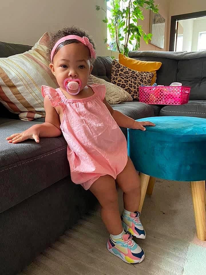 Sarai is registered to the contest to win money with this photo: baby, child, furniture, leg, person, pink, play, toddler