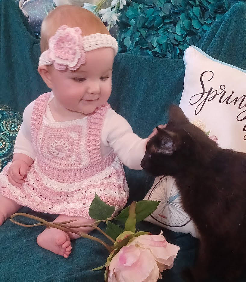 Violet joined the competition — help win amazing prizes! art, baby_toddler_clothing, carnivore, cat, dress, felidae, flower, grass, happy, headgear, headwear, jewellery, magenta, pattern, person, petal, pink, plant, purple, sleeve