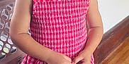 Braeleigh is registered to the contest to win money with this photo: toddler, child, smiling, curly_hair, red_checkered_outfit, pink_shoes, indoor, wooden_floor, happy, person, standing, portrait, cute, clothing, young_child, natural_light, hands, feet, full_body, bright