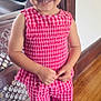 toddler, child, smiling, curly_hair, red_checkered_outfit, pink_shoes, indoor, wooden_floor, happy, person, standing, portrait, cute, clothing, young_child, natural_light, hands, feet, full_body, bright