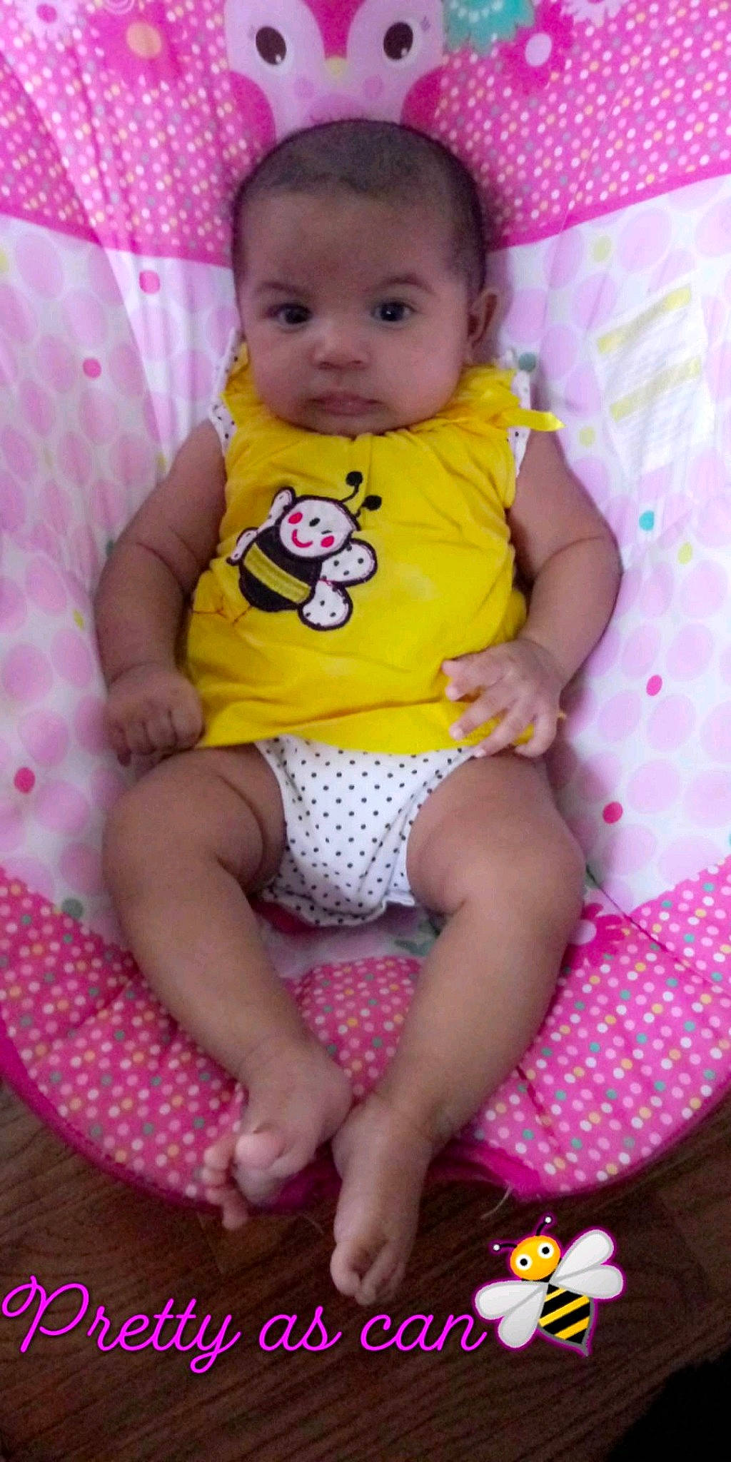 A'Vi is registered to the contest to win money with this photo: baby, baby_products, baby_toddler_clothing, cheek, child, design, pattern, person, pink, polka_dot, product, sitting, skin, smile, toddler, yellow