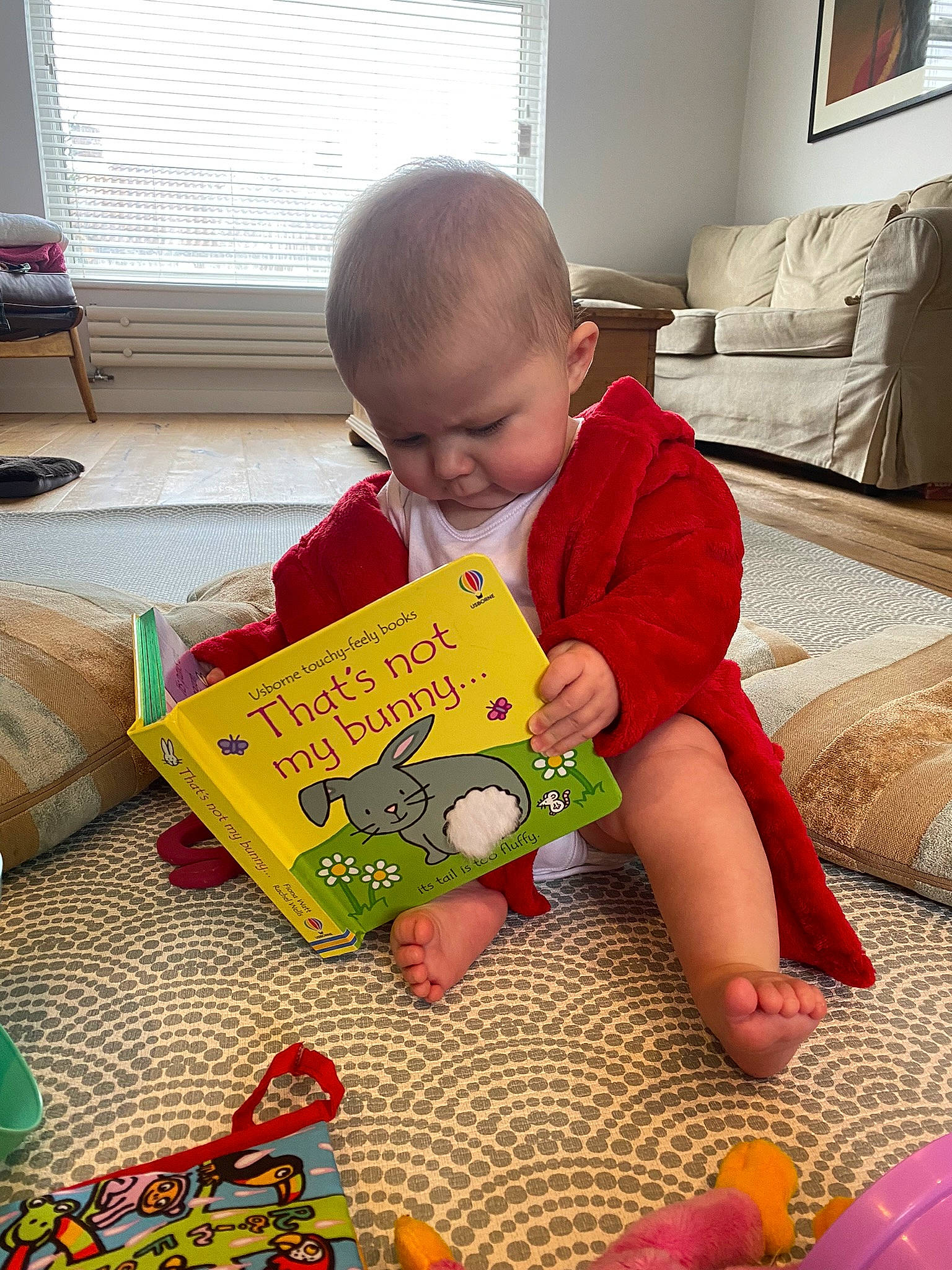 Margot is registered to the contest to win money with this photo: baby, baby_playing_with_toys, baby_toddler_clothing, book, child, comfort, flooring, fun, lamp, learning, person, picture_frame, play, product, room, sharing, sitting, toddler, toy, window