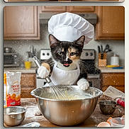 Cleopatra joined the competition — help win amazing prizes! cat, kitten, chef_hat, apron, kitchen, baking, whisk, flour, mixing_bowl, counter, ingredients, eggshells, measuring_cup, rolling_pin, wooden_table, cute, pet, baking_ingredients, playful, calico_cat