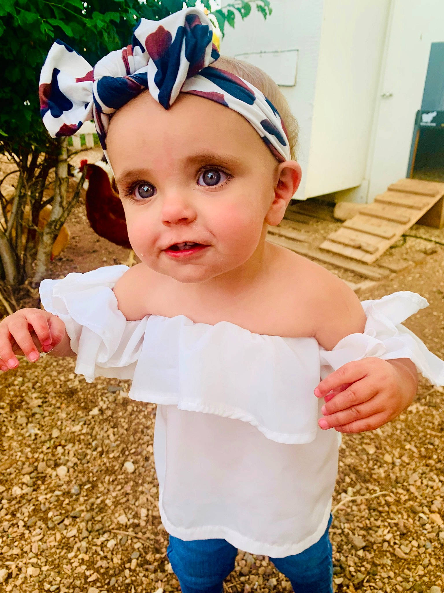 Kinnley joined the competition — help win amazing prizes! baby, baby_toddler_clothing, cap, child, costume_hat, door, face, fashion_accessory, fun, grass, happy, headband, headgear, headpiece, headwear, mammal, pattern, people_in_nature, person, sleeve