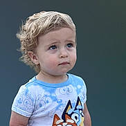 Rocco is registered to the contest to win money with this photo: toddler, child, blonde_hair, blue_eyes, curly_hair, cartoon_shirt, short_sleeves, portrait, looking_up, standing, casual_clothing, cute, innocent, young_child, isolated_background, colorful_clothing, small_person, expression, outdoor, soft_lighting