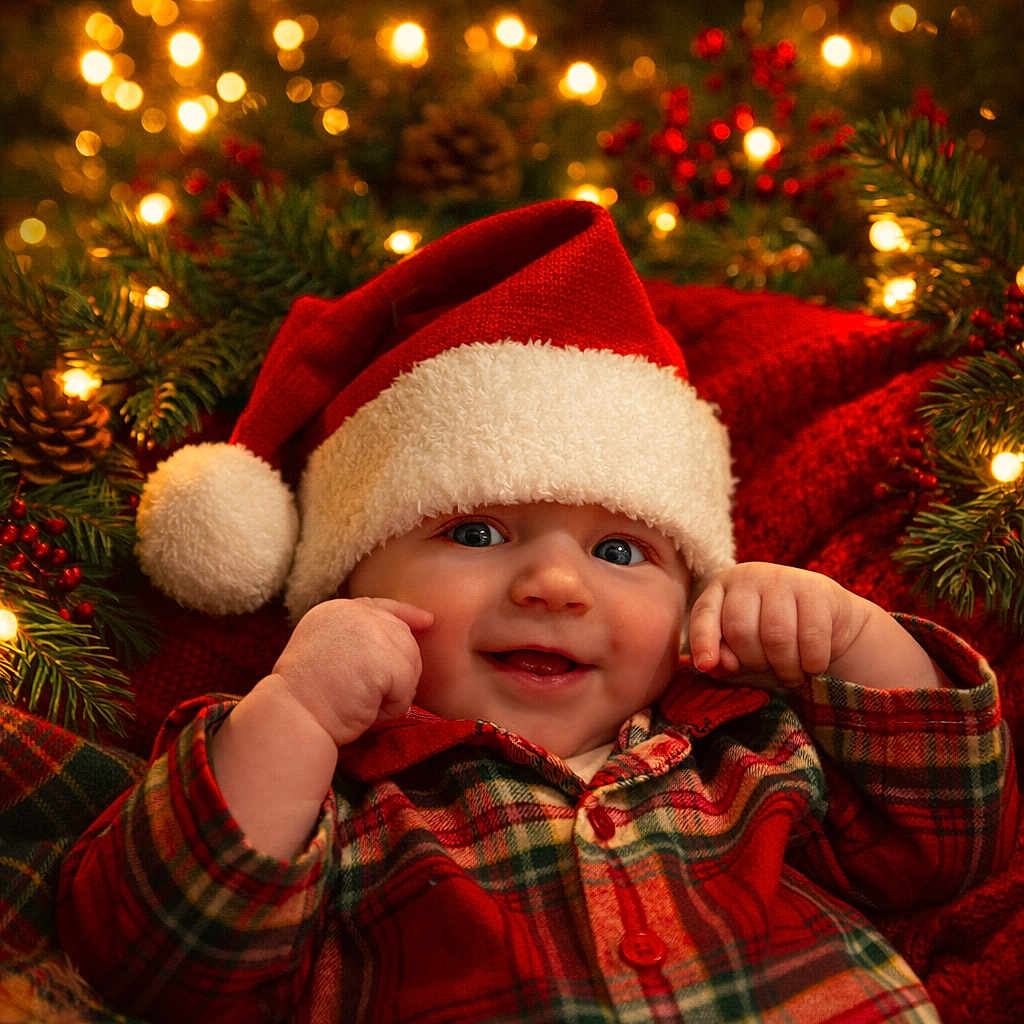 Daniel is registered to the contest to win money with this photo: baby, background, celebration, cheerful, child, christmas_lights, cozy, cute, face, festive, holiday, infant, pine_branches, plaid_pajamas, portrait, red_berries, santa_hat, seasonal, smiling, warm