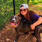 Hank is registered to the contest to win money with this photo: woman, dog, outdoor, smiling, sunglasses, cap, fence, gravel, collar, happy, pet, blue_eyes, sunlight, casual_clothing, nature, portrait, friendship, animal, human, leisure