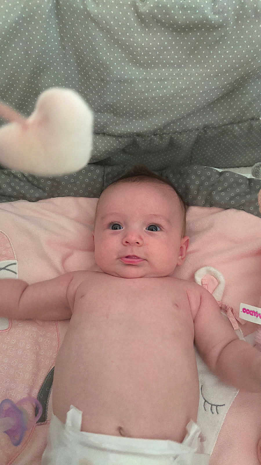 Meï a rejoint le concours — aidez-le/la à gagner de superbes lots ! baby, infant, diaper, blanket, polka_dot, toy, heart_shaped, curious, lying_down, pink, gray, soft_texture, cute, child, indoor, close_up, face, arms, expression, playful