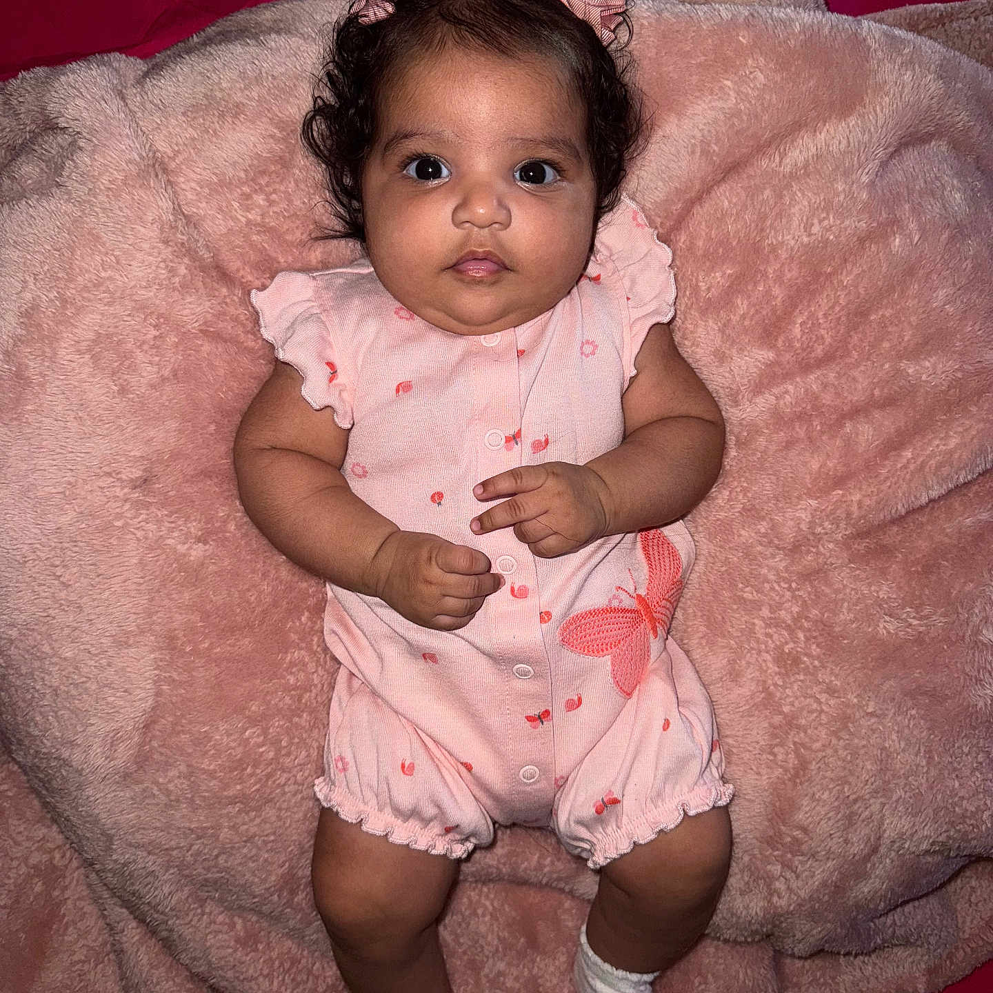 Cielle joined the competition — help win amazing prizes! adorable, baby, bed, blanket, butterfly, child, curly_hair, cute, face, feet, hands, indoors, infant, lying_down, newborn, pink_bow, portrait, romper, soft_texture, white_socks