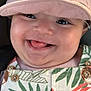 baby, child, smile, tongue, hat, bear_hat, overalls, patterned_clothing, close_up, happy, cute, chubby_cheeks, portrait, infant, colorful_clothing, playful, face, headwear, young_child, joyful
