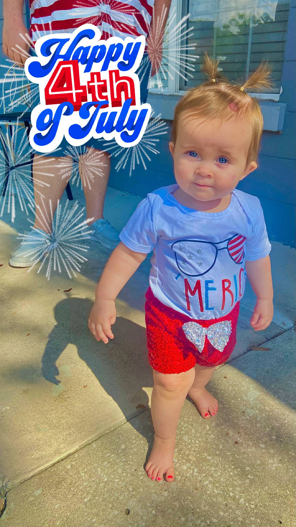 Hazel is registered to the contest to win money with this photo: baby_toddler_clothing, barefoot, blue, child, cool, electric_blue, foot, fun, happy, human, human_leg, insect, logo, pattern, person, sandal, sleeve, standing, summer, t_shirt