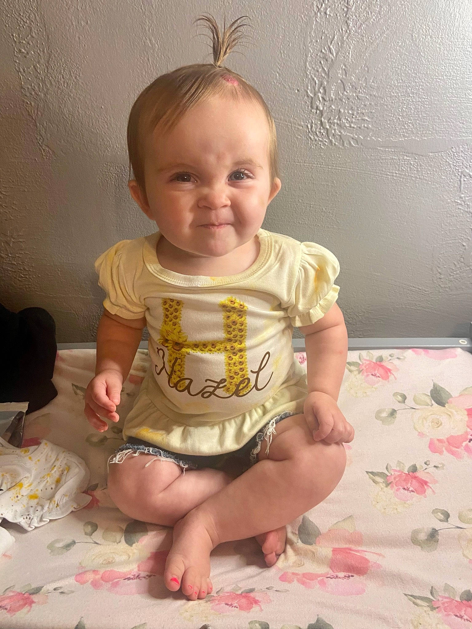 Hazel joined the competition — help win amazing prizes! arm, baby, baby_toddler_clothing, cheek, child, chin, dress, eye, face, facial_expression, hair, hand, head, iris, leg, person, pink, skin, sleeve, smile
