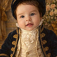 Atlas is registered to the contest to win money with this photo: baby, child, portrait, smile, vintage, costume, velvet, hat, gold_embroidery, lace, button, face, clothing, person, background, floral, indoor, cute, happy, elegant