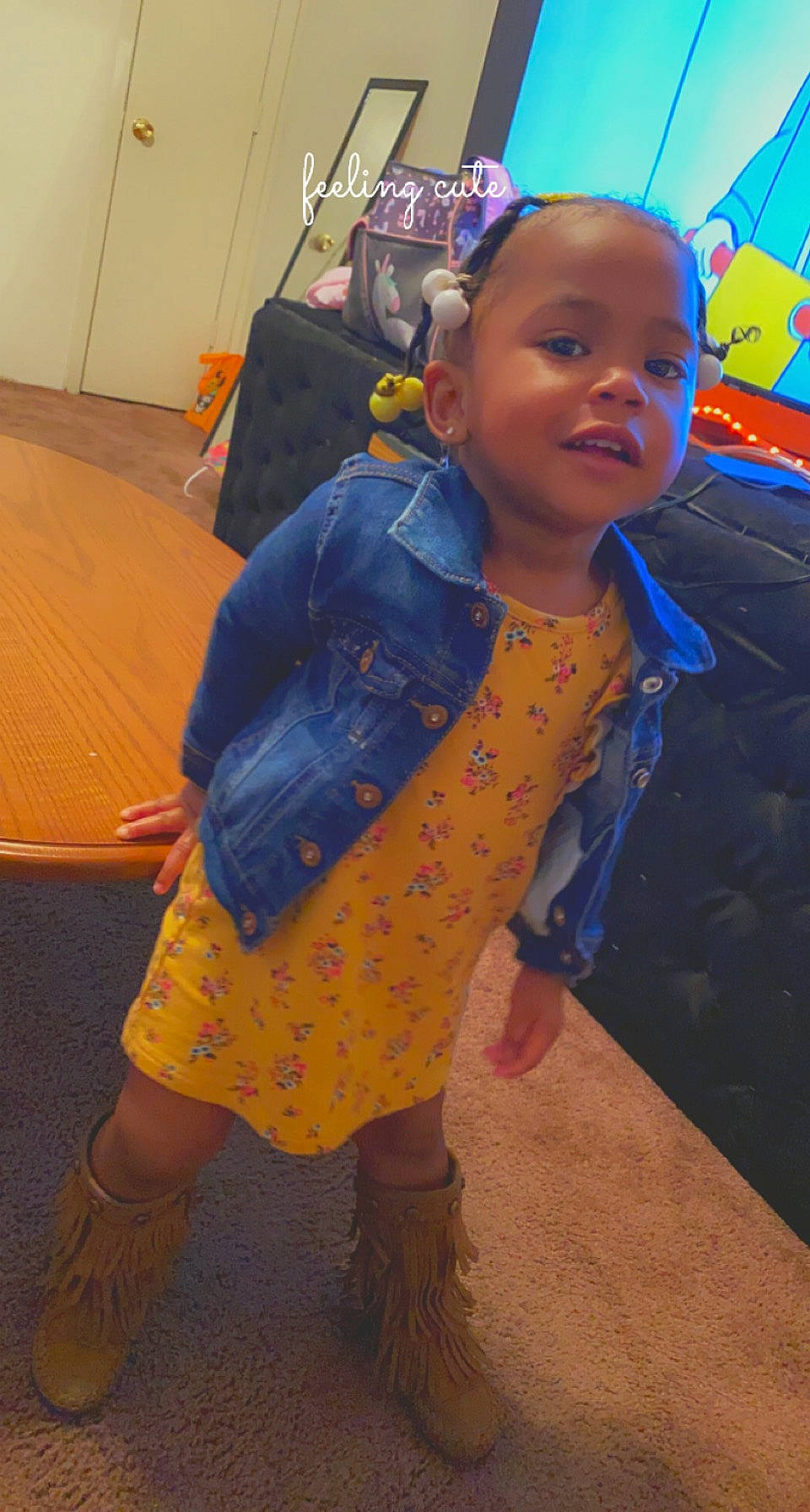 Aubree is registered to the contest to win money with this photo: baby, baby_toddler_clothing, blue, child, floor, flooring, foot, overall, person, play, sandal, slipper, toddler, varnish