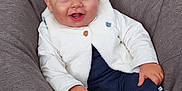 Eden participe au concours pour gagner de l'argent avec cette photo : baby, child, smiling, blue_eyes, white_vest, long_sleeve_shirt, navy_pants, bean_bag_chair, indoor, happy, cute, portrait, seated, infant, hand, footwear, furniture, soft_texture, skin, person