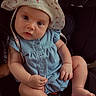 baby, child, infant, hat, sunhat, blue_romper, car_seat, cute, chubby, skin, face, eyes, hands, legs, sitting, portrait, clothing, expression, indoor, person