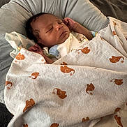 Elijah is registered to the contest to win money with this photo: baby, sleeping, blanket, elephant_pattern, cushion, indoors, resting, child, infant, soft_fabric, comfort, peaceful, cozy, clothing, head, face, skin, person, nap, quiet