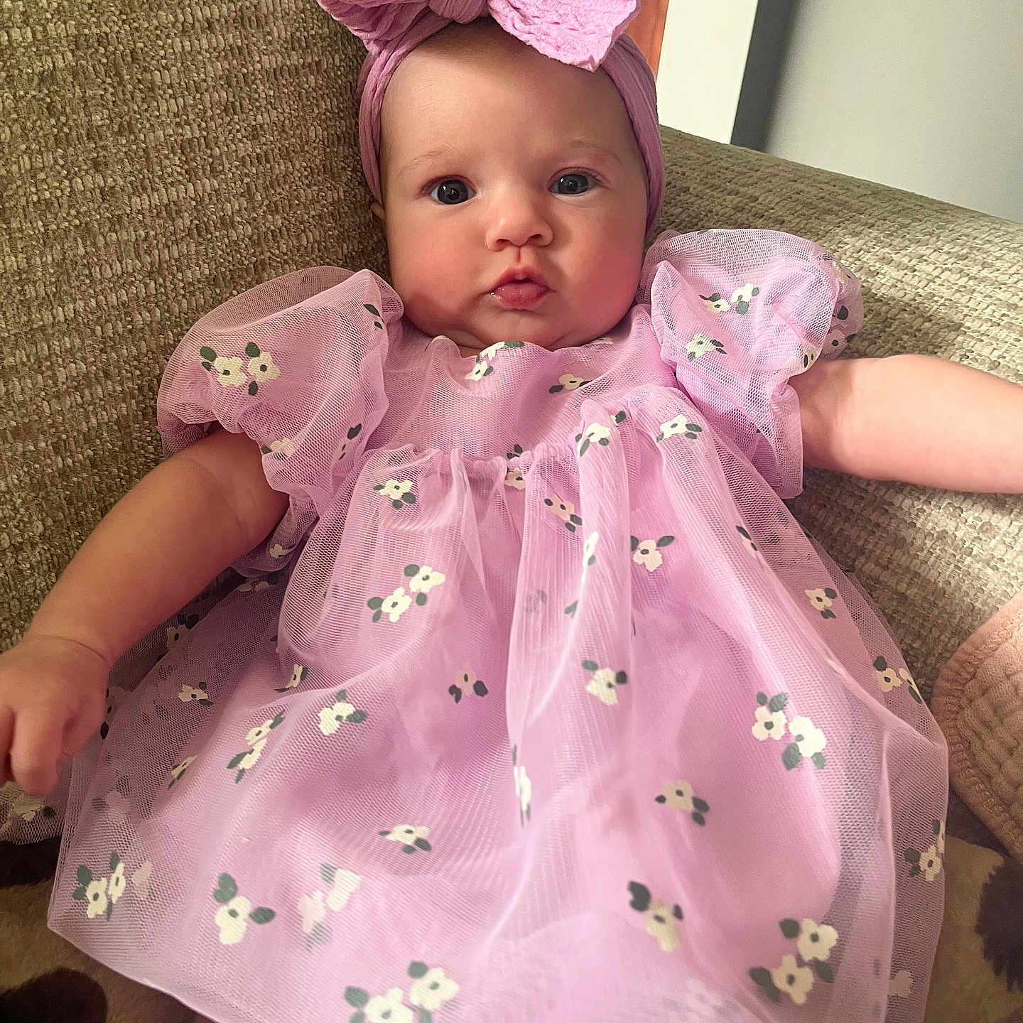 Sadie is registered to the contest to win money with this photo: adorable, baby, bow, child, close_up, couch, cute, floral_pattern, headband, indoor, infant, person, pink_dress, portrait, puckered_lips, puffed_sleeves, relaxed, seated, soft_lighting, textured_fabric