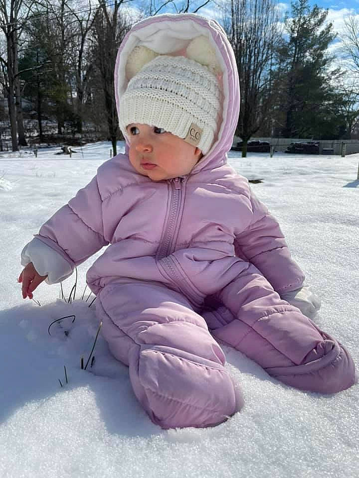 Aria Grace joined the competition — help win amazing prizes! baby, baby_toddler_clothing, beanie, cap, child, comfort, freezing, fun, grass, happy, headwear, human_body, knit_cap, person, recreation, sitting, sky, sleeve, snow, toddler