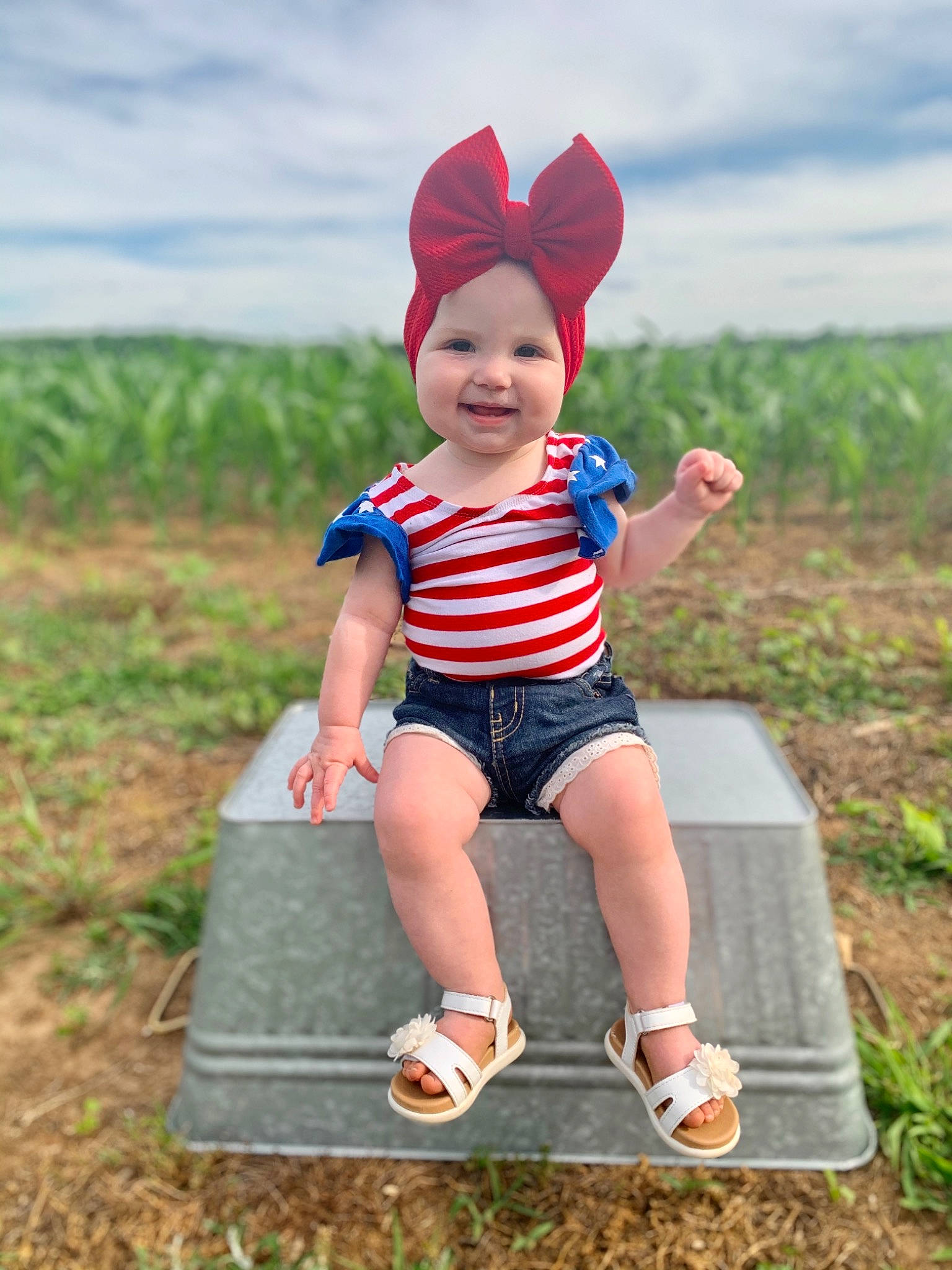 Callie-ann joined the competition — help win amazing prizes! baby, baby_toddler_clothing, cloud, dress, electric_blue, fun, grass, happy, hat, head, headwear, joy, leisure, pattern, people_in_nature, person, plant, sky, sleeve, smile