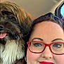 Jackson joined the competition — help win amazing prizes! car_interior, casual, close_up, companion, cute, dog, eyewear, face, fluffy_dog, friendly, glasses, happy, indoor, pet, portrait, red_lipstick, selfie, smiling, tongue_out, woman